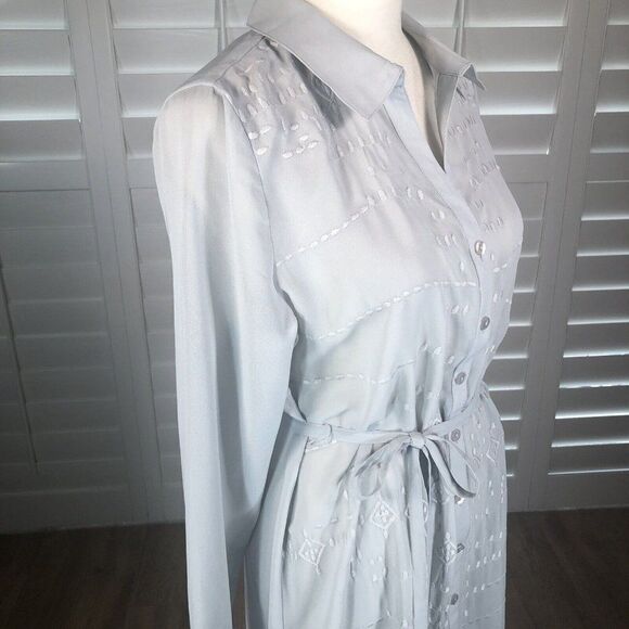 Soft Surroundings Pale Gray Sheer Chiffon Button Up Duster Dress PS Collared Tie - Picture 6 of 12